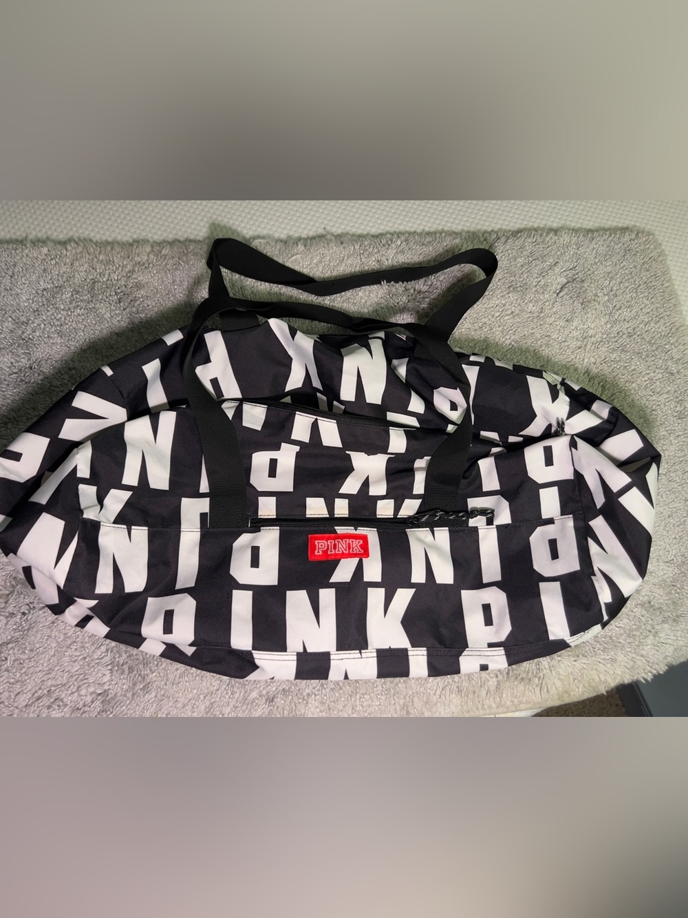 Victoria’s Secret PINK Red Logo Accent Black & White Graphic Duffle Bag